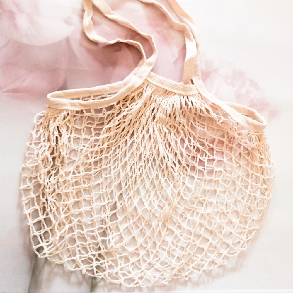 Mesh fish net bag shoulder tote shopping grocery cream large market Multiuse